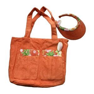 Vtg Y2k TROPICAL TRENDS Tote Visor Set Orange Hawaiian Print Bag Coconutgirl NEW